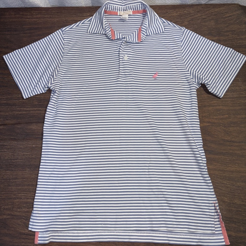 The Beaufort Bonnet Company Men's XS Pima Cotton Blue White Striped Polo Shirt